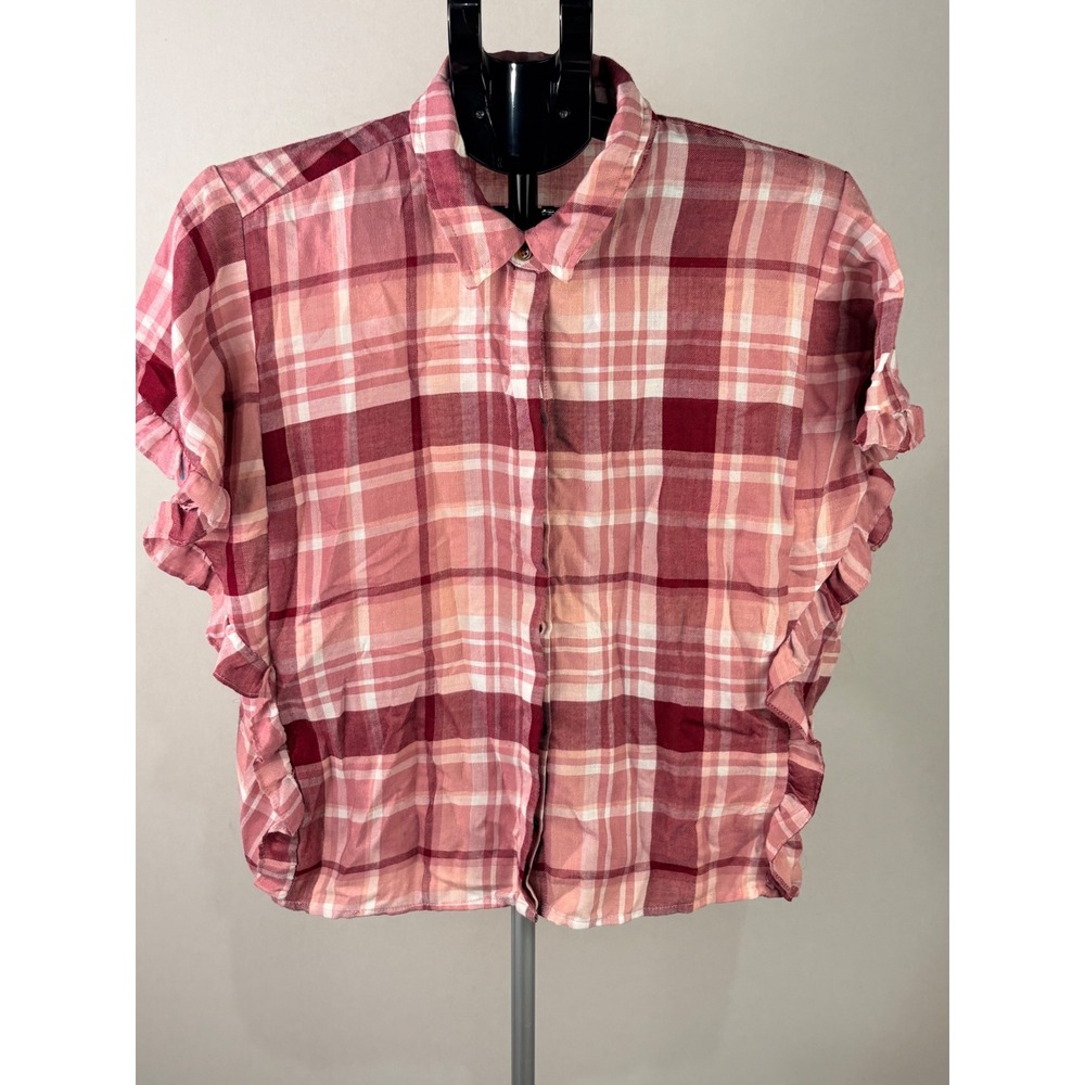 Love More Pink Red Plaid Ruffle Side Short Sleeve Button Down Top XL